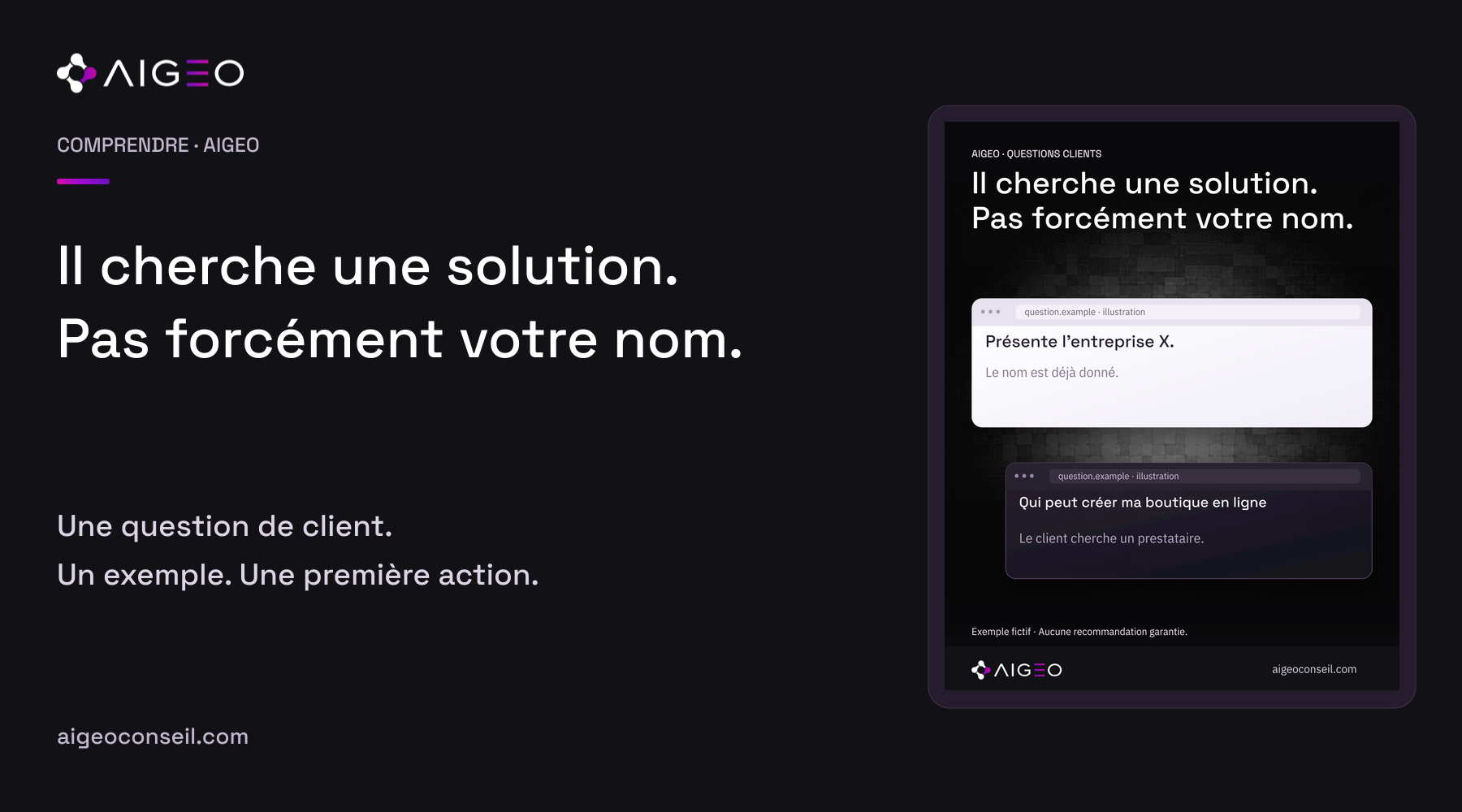 Il cherche une solution. Pas forcément votre nom. Couverture AIGEO accompagnée d’une illustration fictive du sujet.