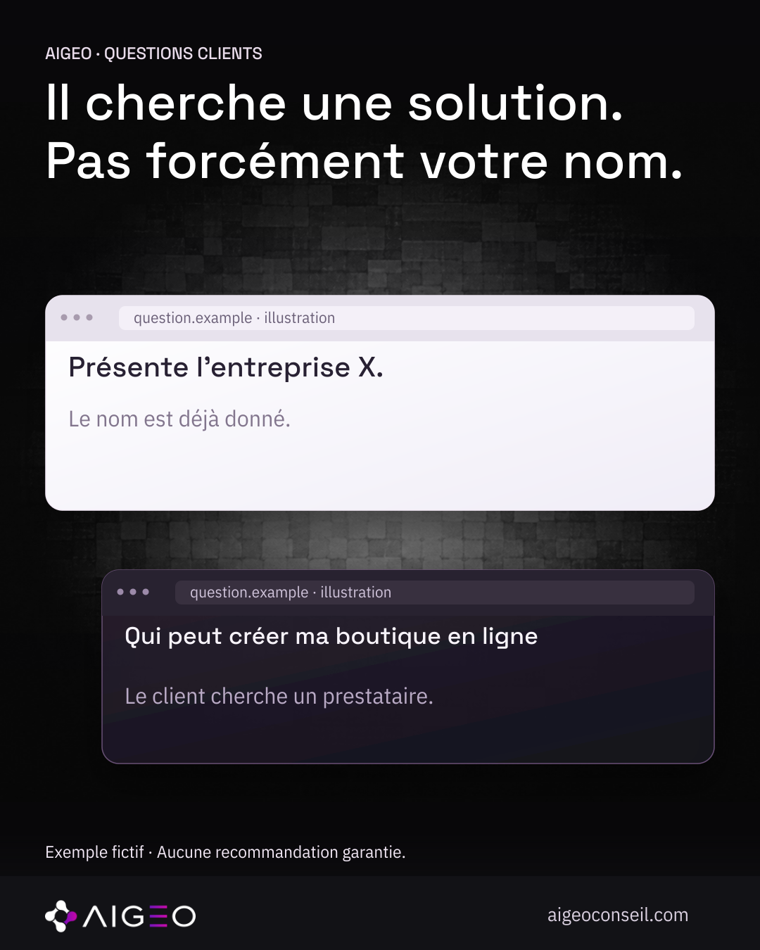 AIGEO · QUESTIONS CLIENTS · Il cherche une solution. · Pas forcément votre nom. · question.example · illustration · Présente l’entreprise X. · Le nom est déjà donné. · question.example · illustration · Qui peut créer ma boutique en ligne · Le client cherche un prestataire. · aigeoconseil.com · Exemple fictif · Aucune recommandation garantie. Illustration pédagogique réutilisée, même fichier et même empreinte.