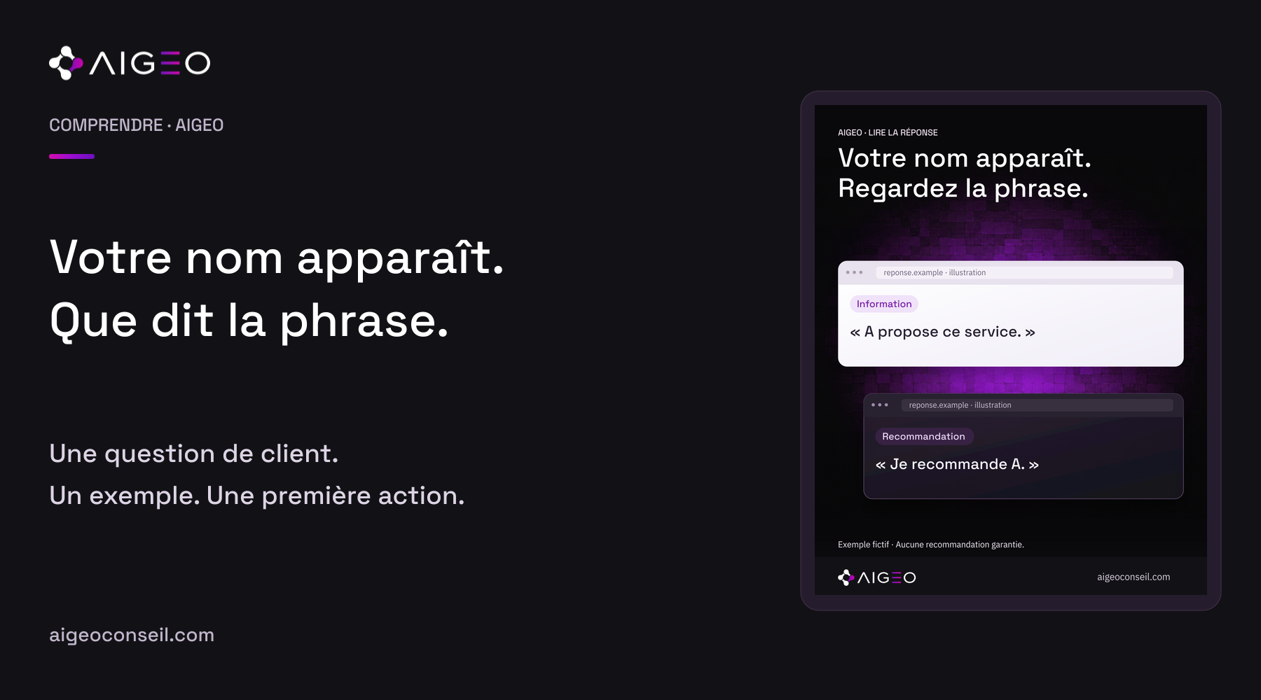 Votre nom apparaît. Que dit la phrase. Couverture AIGEO accompagnée d’une illustration fictive du sujet.