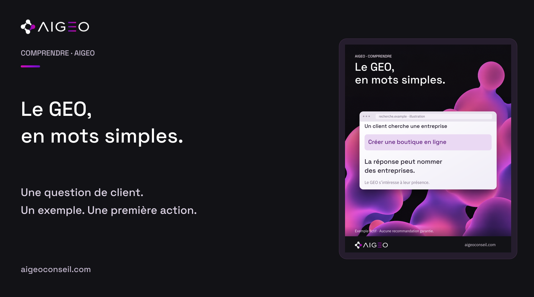 Le GEO, en mots simples. Couverture AIGEO accompagnée d’une illustration fictive du sujet.