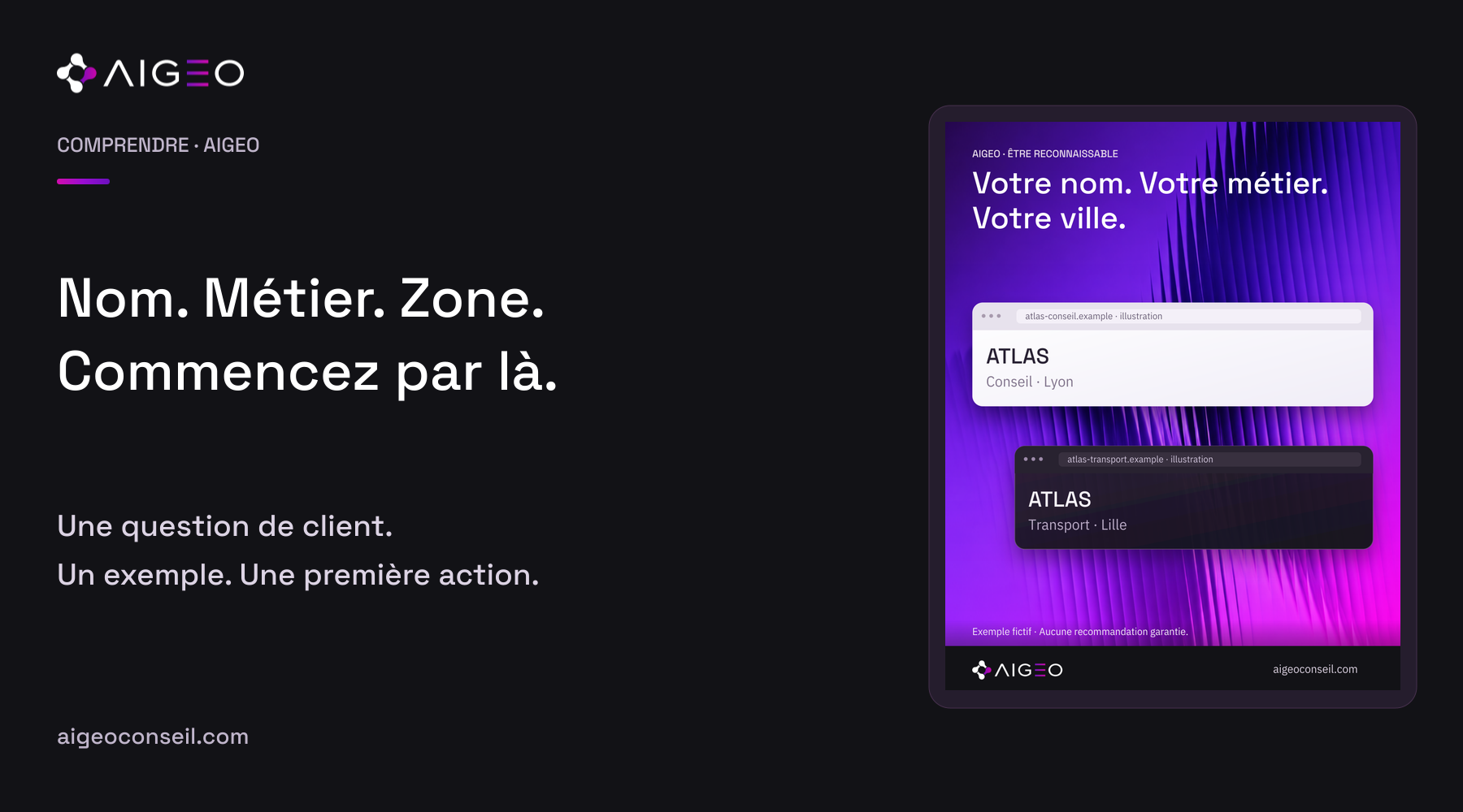 Nom. Métier. Zone. Commencez par là. Couverture AIGEO accompagnée d’une illustration fictive du sujet.