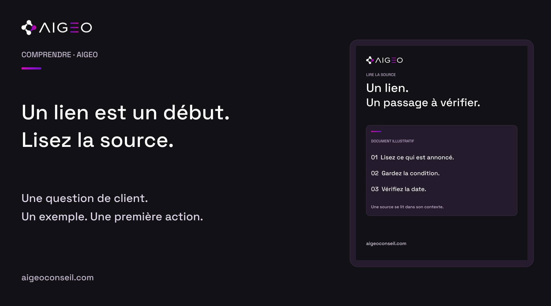 Un lien est un début. Lisez la source. Couverture AIGEO accompagnée d’une illustration fictive du sujet.