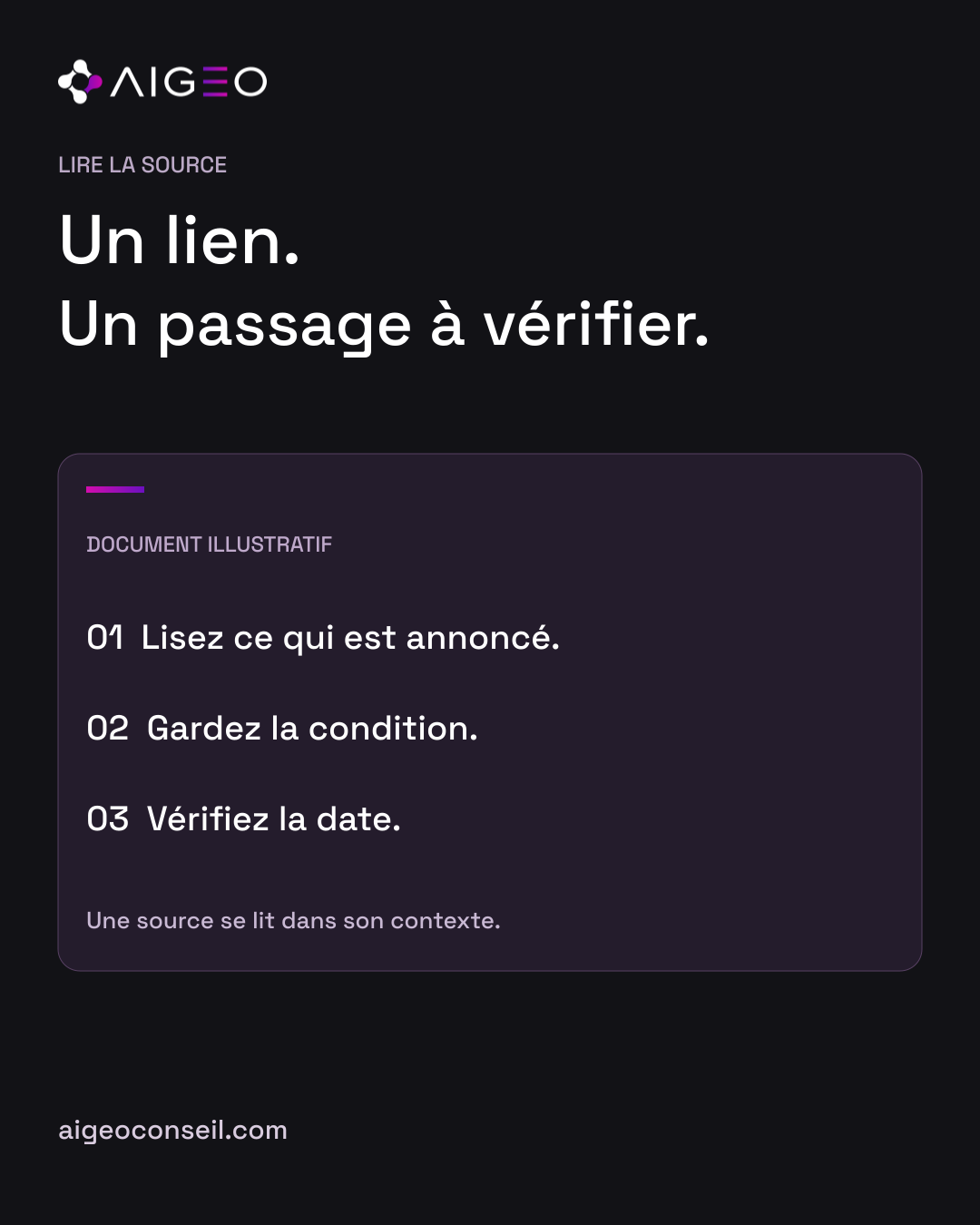 Schéma de lecture d’une source : lire ce qui est annoncé, garder la condition, vérifier la date. Document illustratif, aucune citation inventée.
